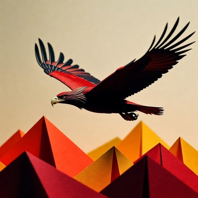 Red Eagle Flying Over Paper Pyramids