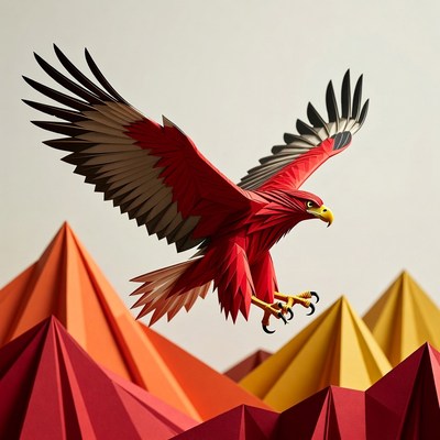 Red Papercraft Eagle Flying Over Mountains
