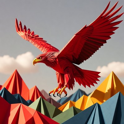 Red Papercraft Eagle Flying Over Mountains