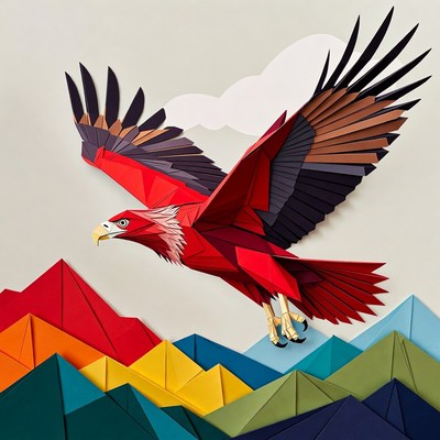 Red Papercraft Eagle Flying Over Mountains