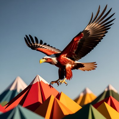 Red Eagle Flying Over Colorful Paper Mountains