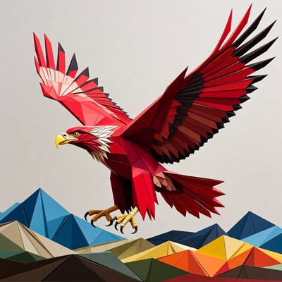 Red Geometric Eagle Flying Over Mountains