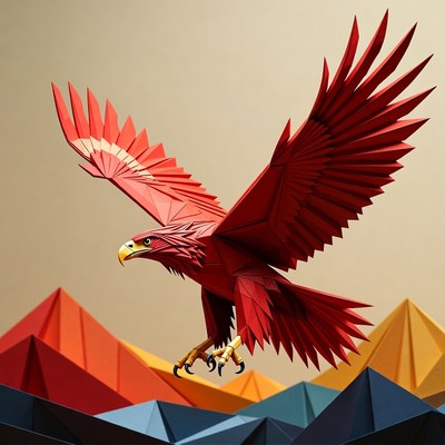 Red Geometric Eagle Flying Over Mountains