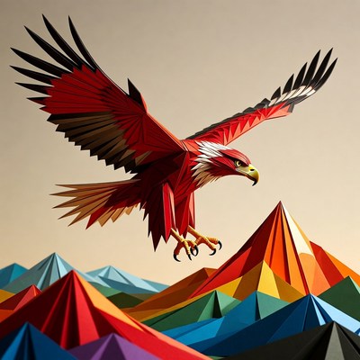 Red Eagle Flying Over Colorful Mountains