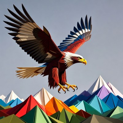 Origami Eagle Flying Over Mountains