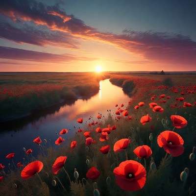 Poppy Field River Sunset