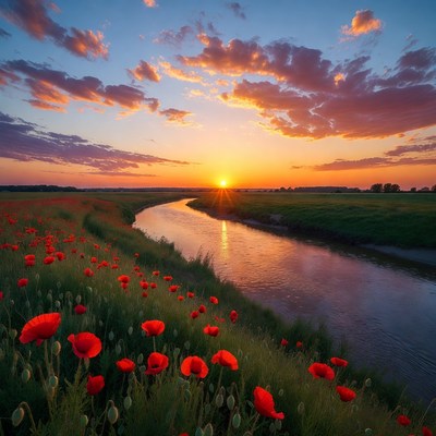 Sunset over Poppy Field and River