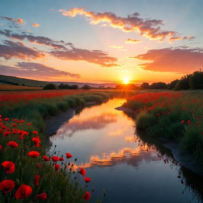 Poppy Field with Stream at Sunset