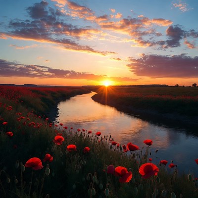 Sunset over poppy field and river