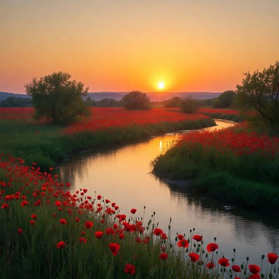 Poppy Field with River at Sunset