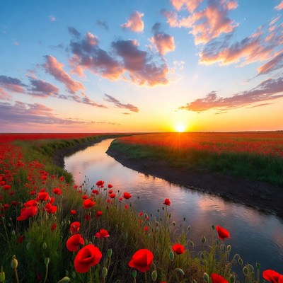 Red Poppy Field with River at Sunset