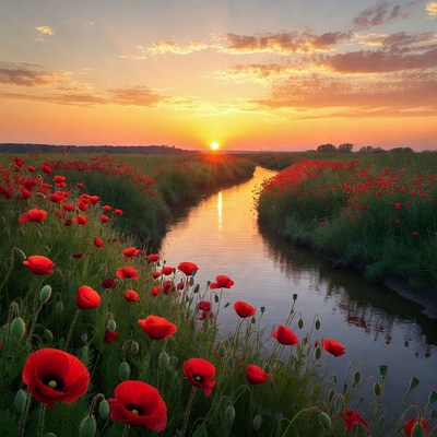 Poppy Field with Sunset River