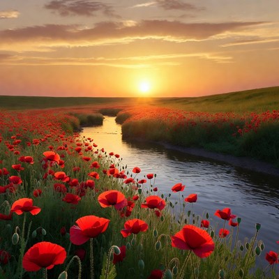 Sunset over poppy field and river