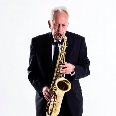 Elderly man playing saxophone