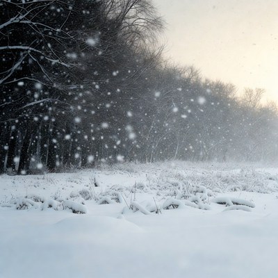 Snow falling on winter forest edge