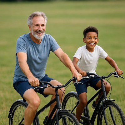 Grandfather and grandson biking in grass