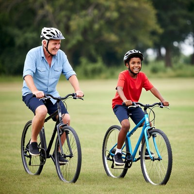 Father and son biking in park