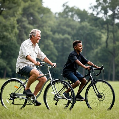 Elderly man and Black boy biking