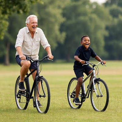 Elderly man and Black boy biking