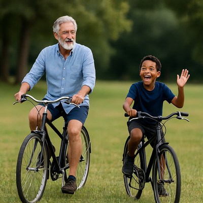 Elderly man and Black boy biking