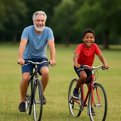 Grandfather and Black boy biking in park