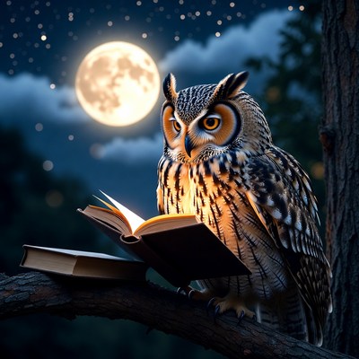 Owl reading book on tree branch
