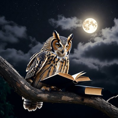 Owl reading book on branch under moon