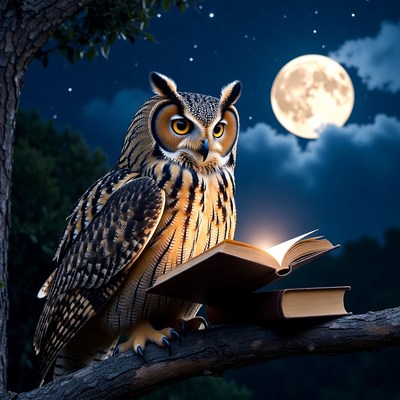 Owl reading book on tree branch