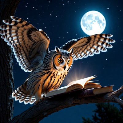Owl reading book on tree branch