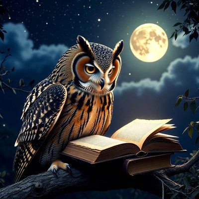 Owl reading book on tree branch