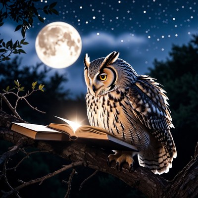 Owl reading book on tree branch