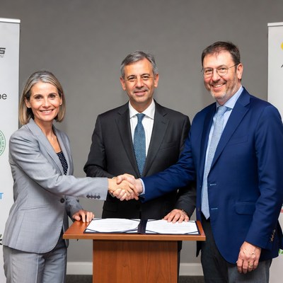 Three business professionals shaking hands