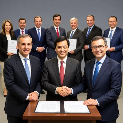 Businessmen shaking hands over documents