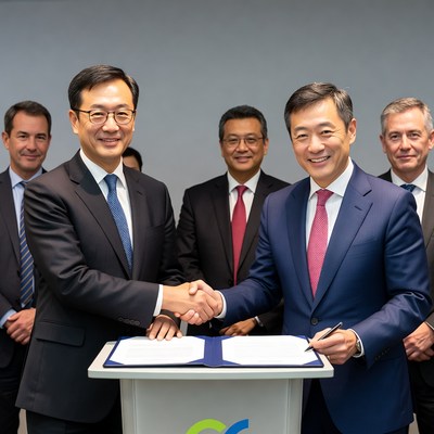 Asian businessmen shaking hands at signing