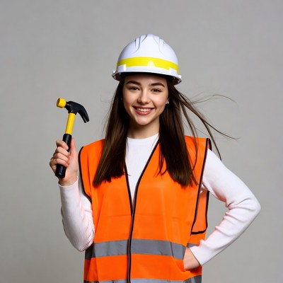 Smiling woman holding hammer in safety gear