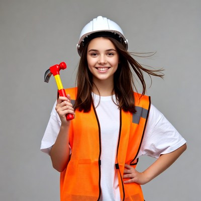 Smiling girl in hard hat with hammer