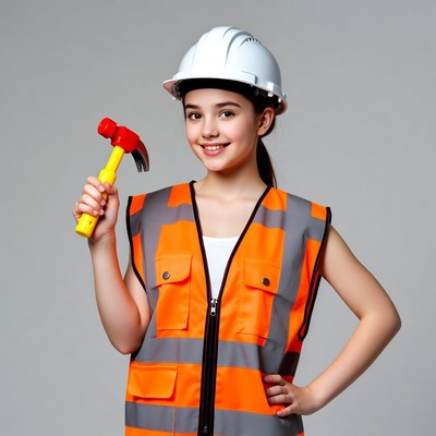 Girl in hard hat holding hammer