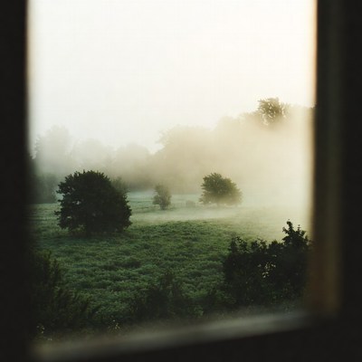 Misty Green Meadow with Trees