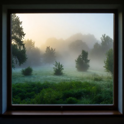 Foggy meadow sunrise through window