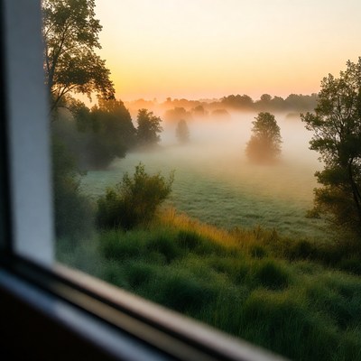 Sunrise Foggy Meadow Through Window