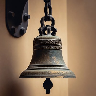 Bronze bell hanging on wall