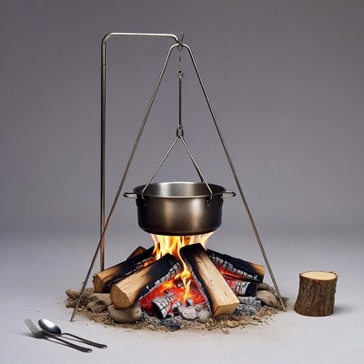 Campfire with Pot on Tripod Stand