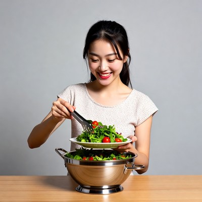 Asian woman eating salad