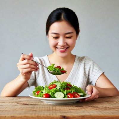Asian woman eating fresh salad