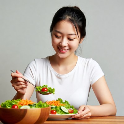 Asian woman eating fresh salad