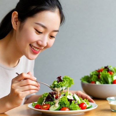 Asian woman eating fresh salad