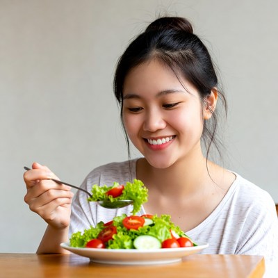 Asian woman eating fresh salad