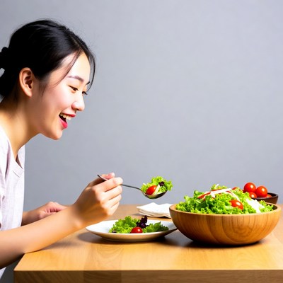 Asian woman eating fresh salad