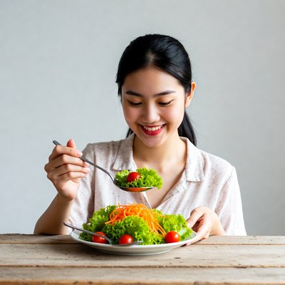 Asian woman eating fresh salad
