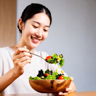 Asian woman eating salad